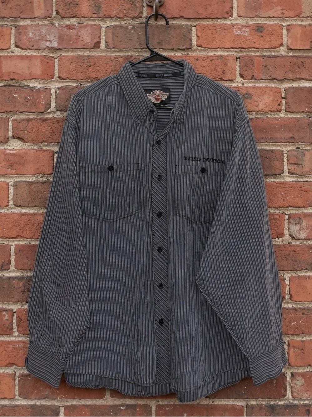 Harley-Davidson Men’s Black and Gray Pinstripe Button-Down Shirt